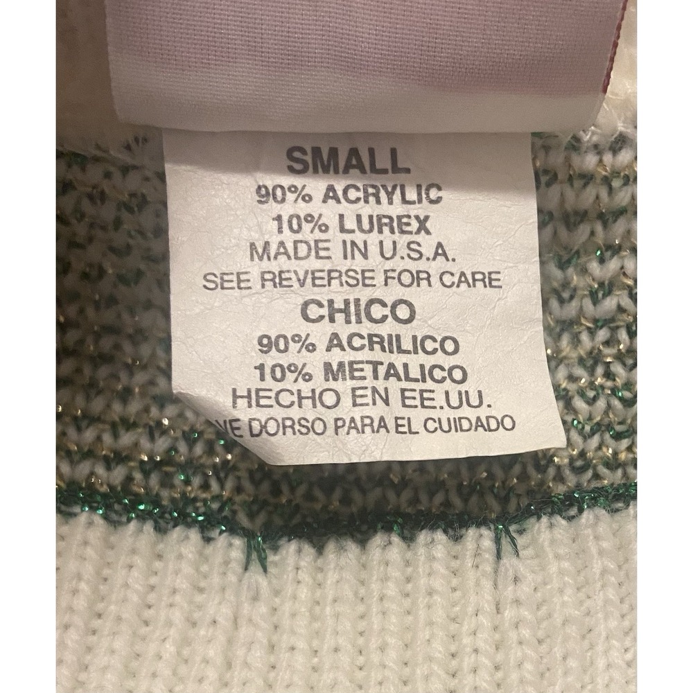 VTG Christmas Sweater S Mistletoe Glitter Ornaments Holiday Bow Gold‎ Green - Picture 6 of 7